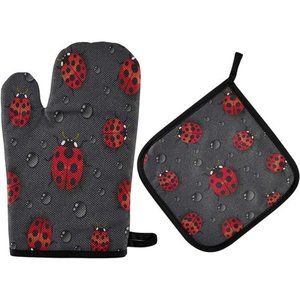 Oven Mitt Pot Holder Set Ladybugs WaterDrop Pattern Heat Resistant Quilted Glove